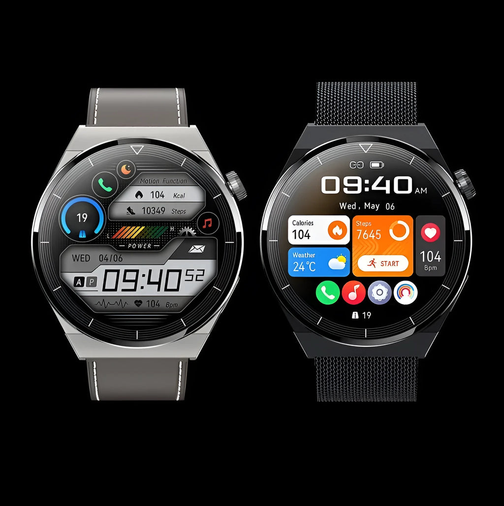 Black Bluetooth smart watch with round display and silicone wristband showing call and NFC functions