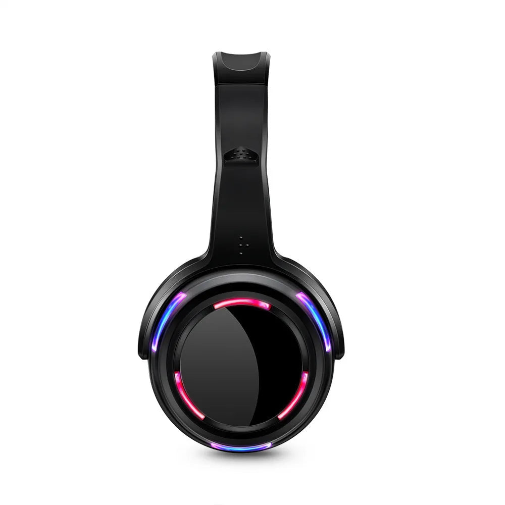 Black silent disco wireless headphones with over-ear design and a coiled 3.5mm cable.