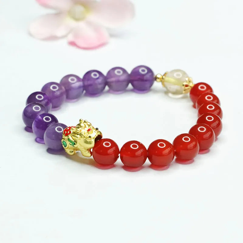 Amethyst and red agate Chinese style bracelet with 8mm beads.