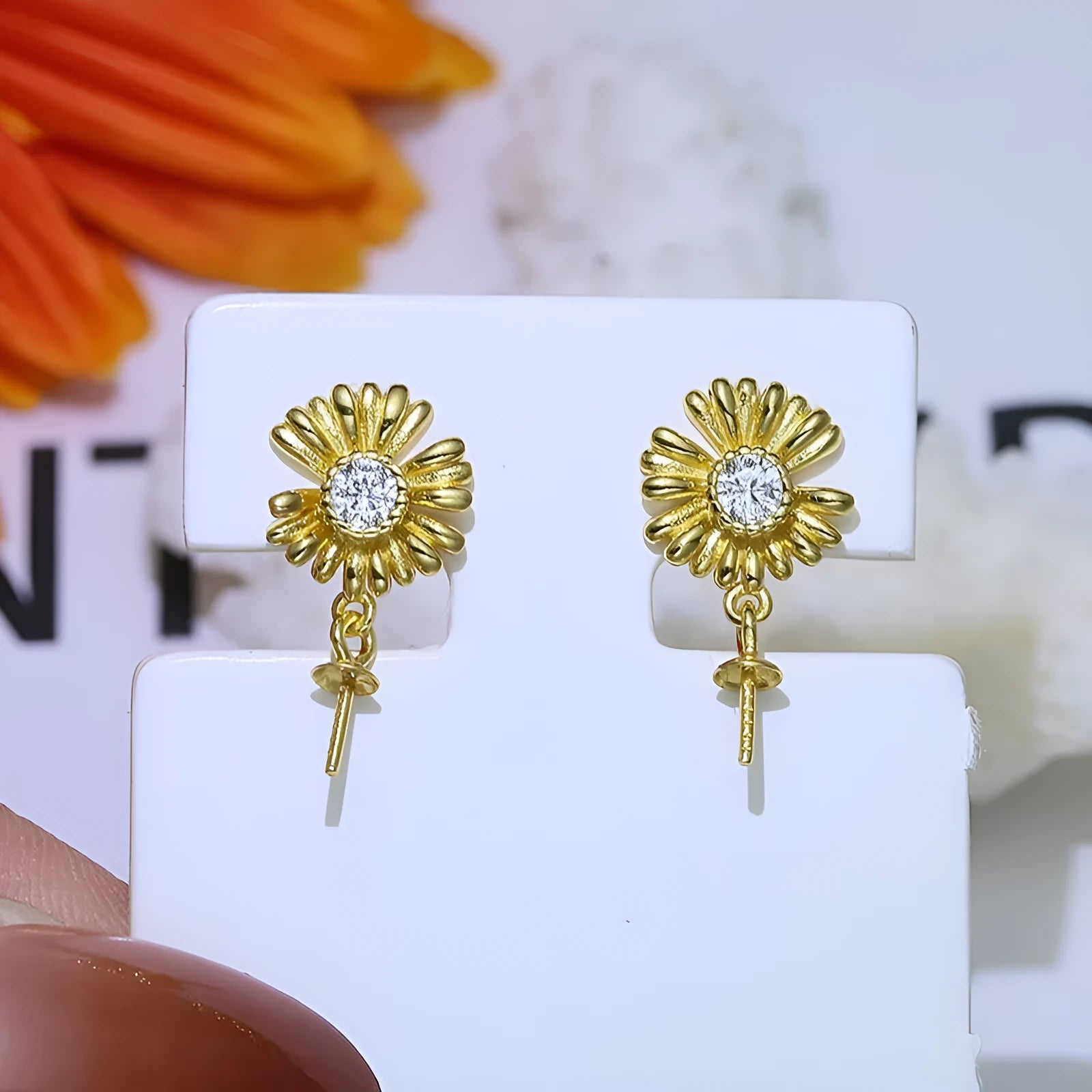 S925 sterling silver baroque flower drop earrings and matching ring holder set on a plain background.
