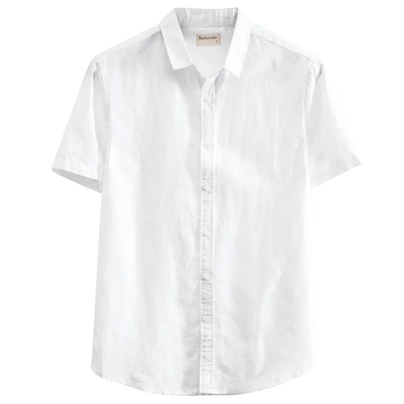 Men's square collar linen short sleeve shirt in cotton blend fabric for summer casual wear