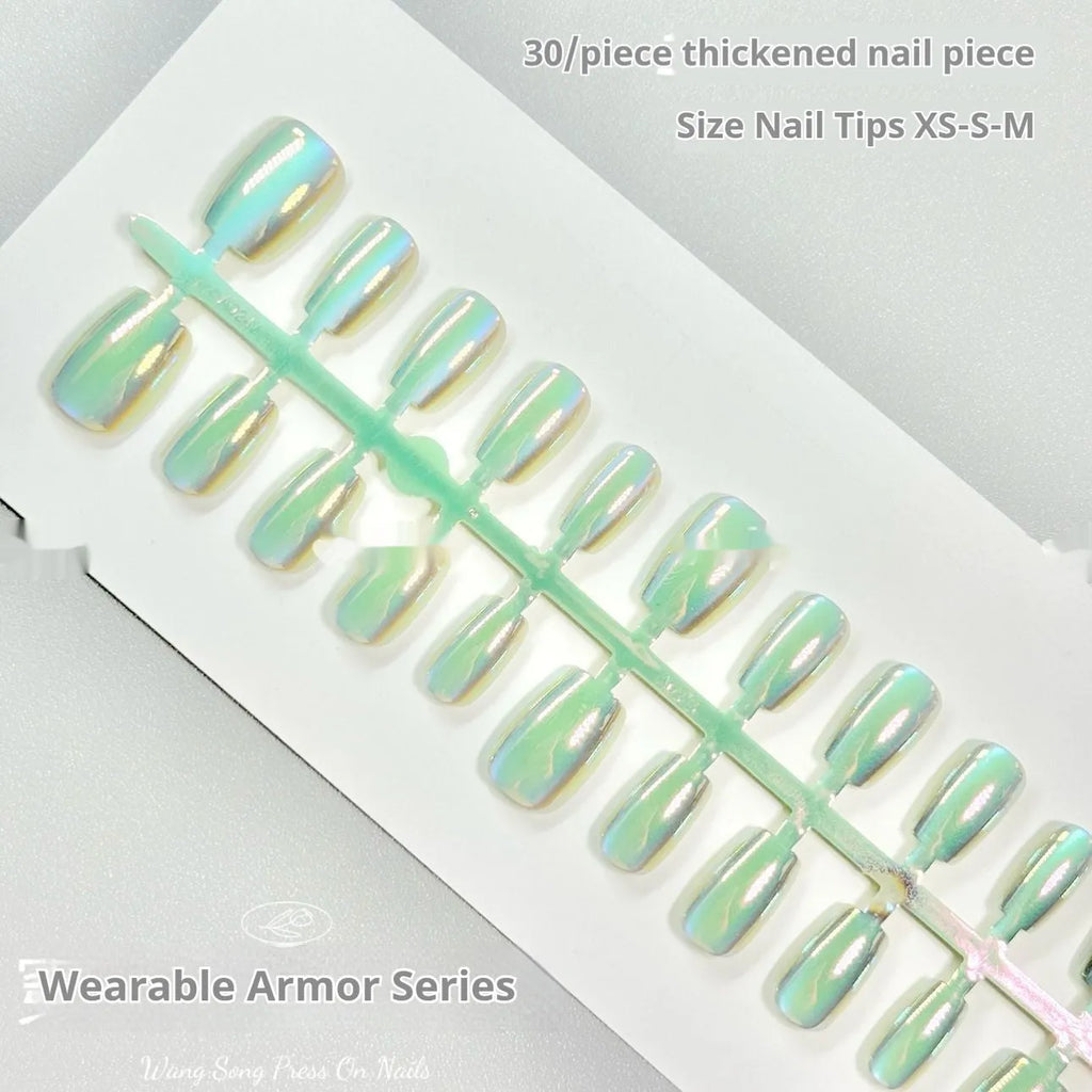 Set of electroplated cat's eye artificial nails in short ladder lengths XS, S, and M showing aurora and solid colour styles.