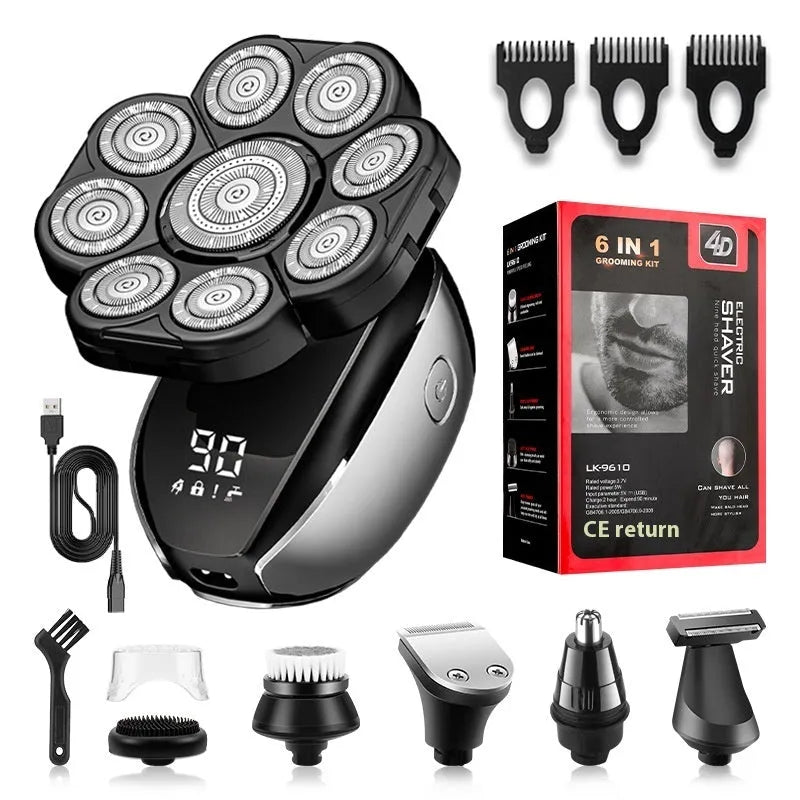Black 6-in-1 rechargeable hair clipper and shaver grooming kit with multiple attachments laid out.