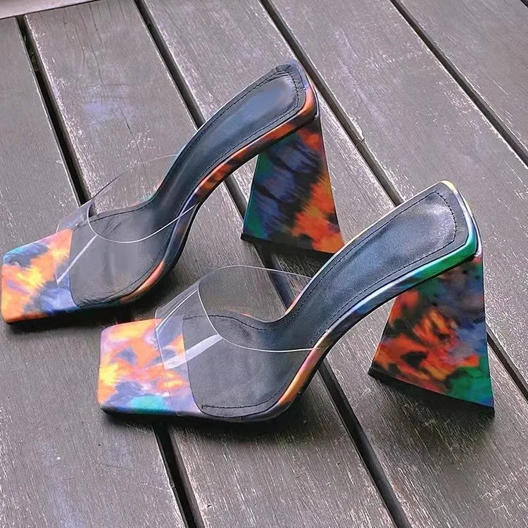 Women's black square toe high heel slippers with a thick triangular heel on a rubber sole