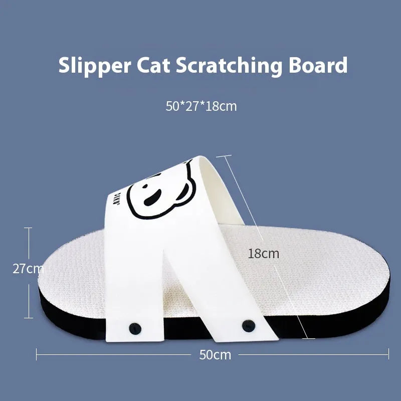 White corrugated paper cat scratch board in a slipper style design on a floor.