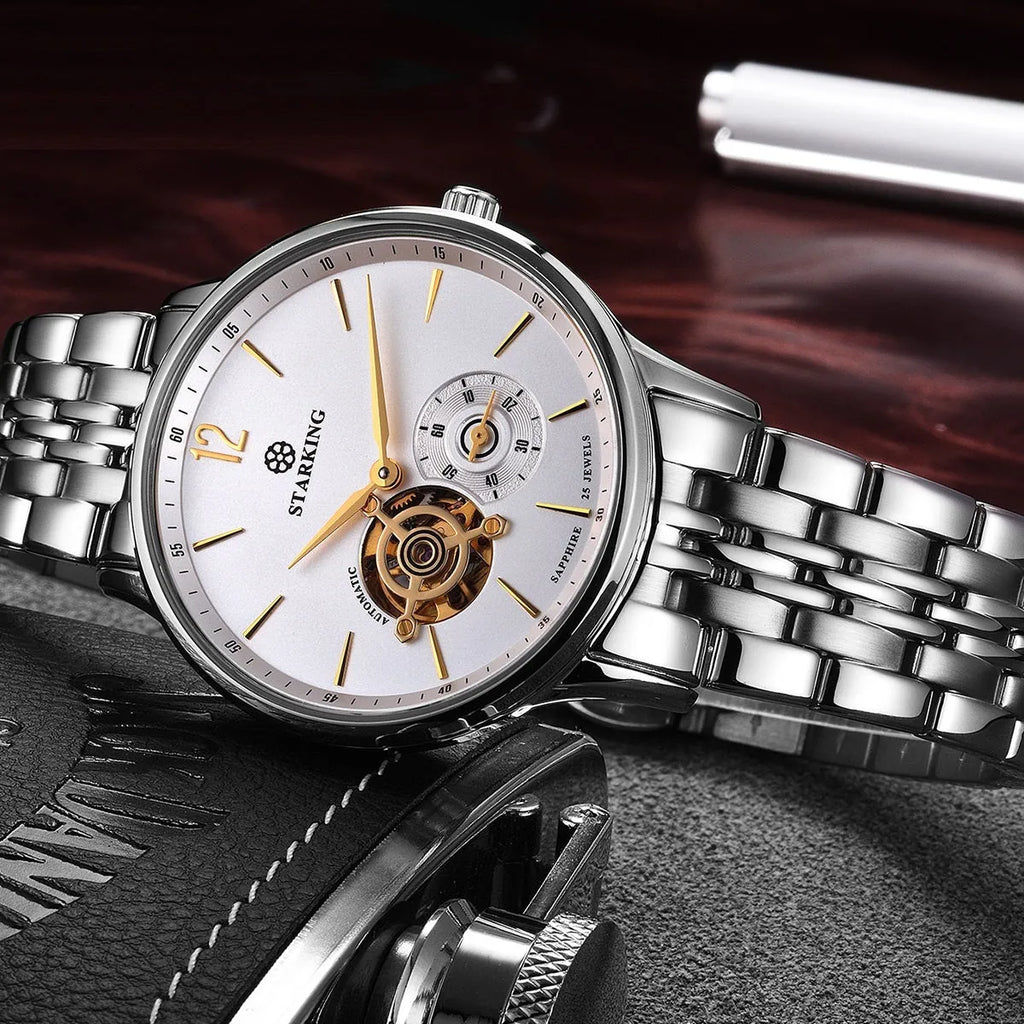 Automatic mechanical men's business watch with brown leather strap and sapphire crystal face.