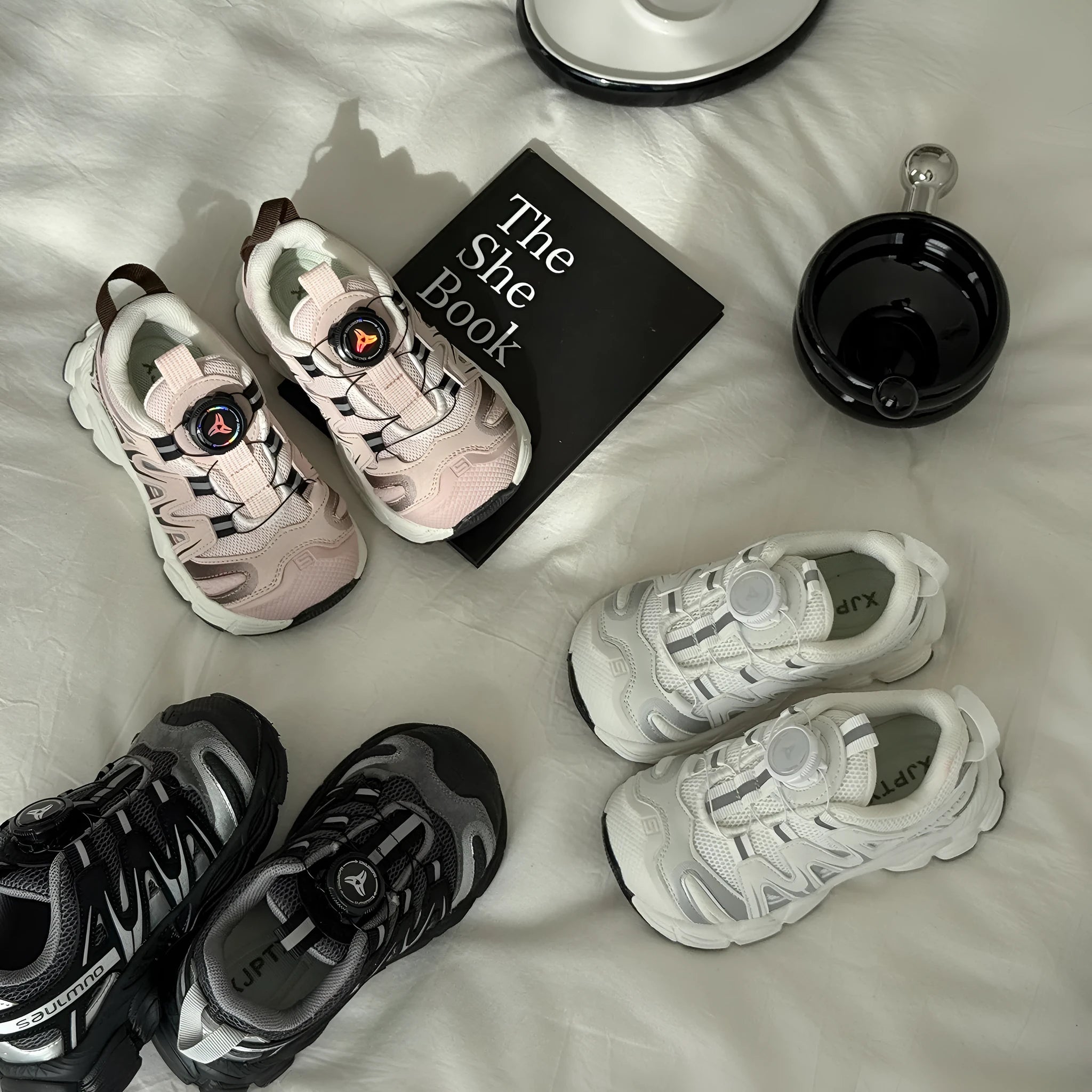 PU leather mesh casual trainers in black, beige, or pink on a white background.