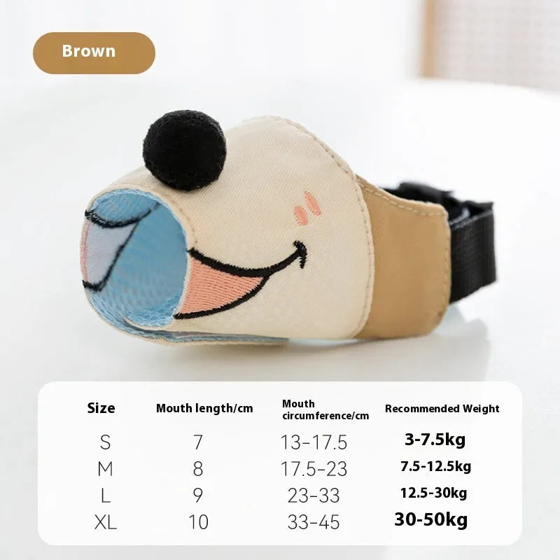 Canvas dog muzzle in Ollie Brown Bear and Bondi Blue Shark colours, shown in sizes S, M, L, and XL.