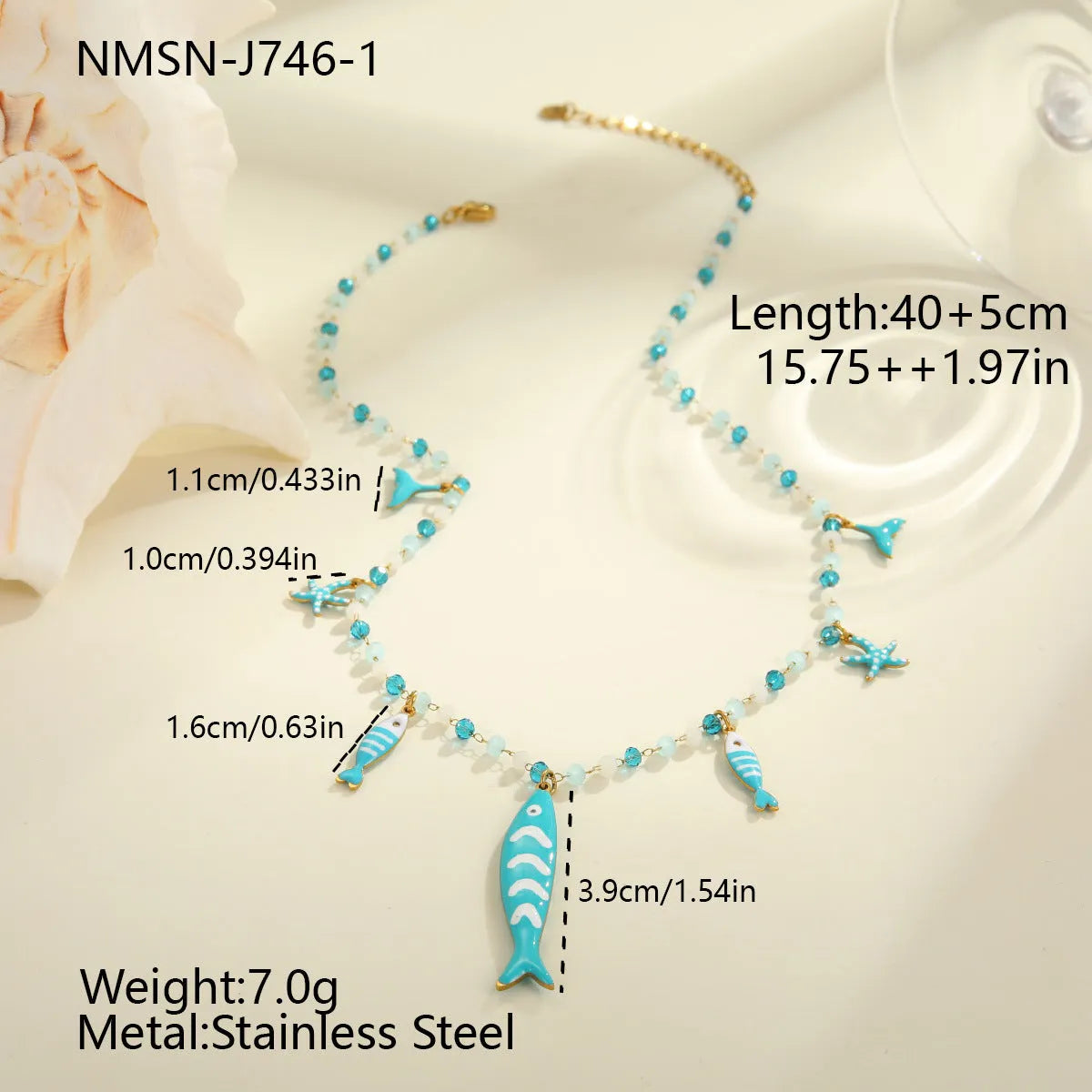Stainless steel pendant necklace with oil drip beads, starfish design, 18K finish in pink colour, adjustable chain