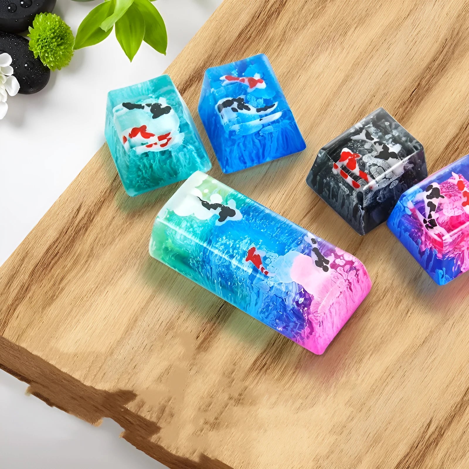Clear resin keycap with koi fish and scenic pond design for Cherry MX mechanical keyboard