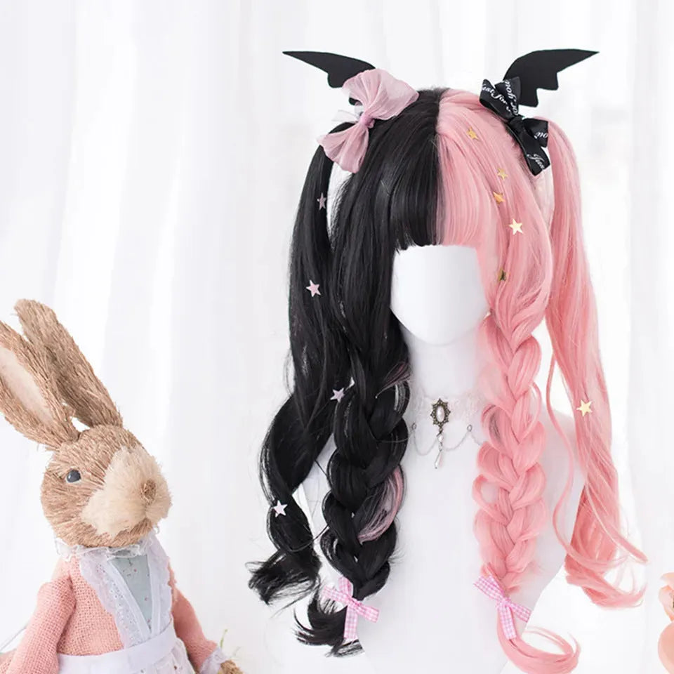Black pink long curly Harajuku Lolita cosplay wig with bangs on display