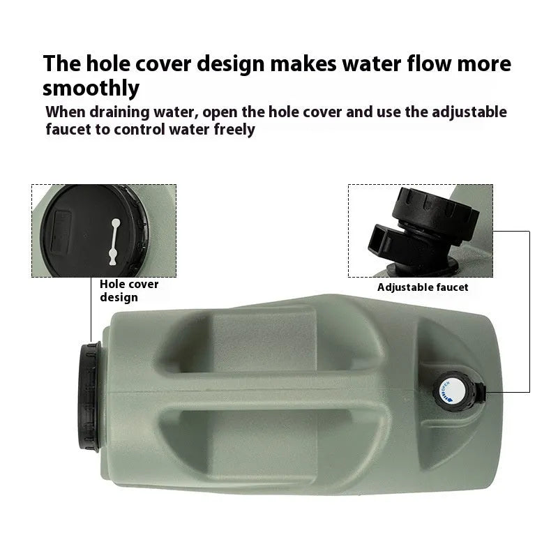 Green portable water storage tank with carry handles in backpack and snail designs
