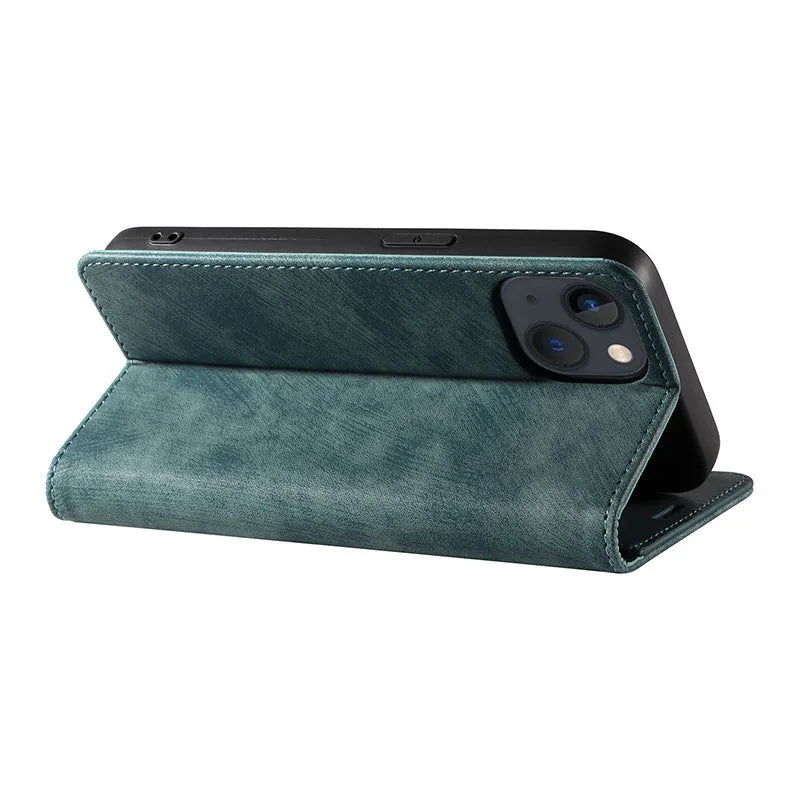 Magnetic leather flip phone case for iPhone in grey, showing front cover closed.