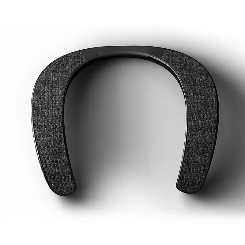 Neck-mounted stereo wireless Bluetooth speaker in black with USB charging port on a clean background.