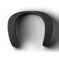 Neck-mounted stereo wireless Bluetooth speaker in black with USB charging port on a clean background.
