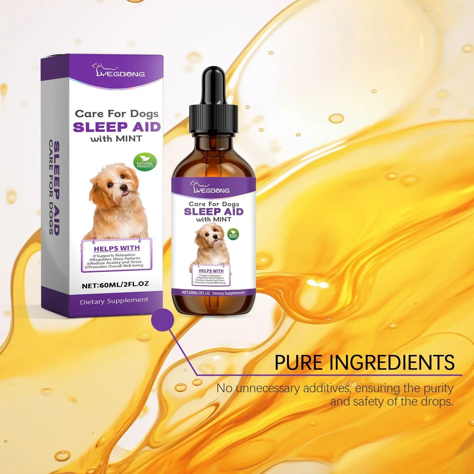 60ml bottle of dog calming sleep drops with a dropper, measuring 12cm tall.