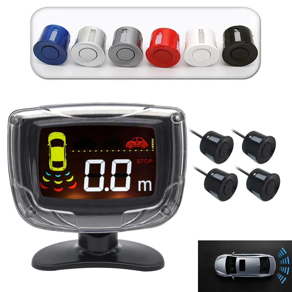 Wireless vehicle reversing sensor kit with main unit, LED display, and four ultrasonic probes.