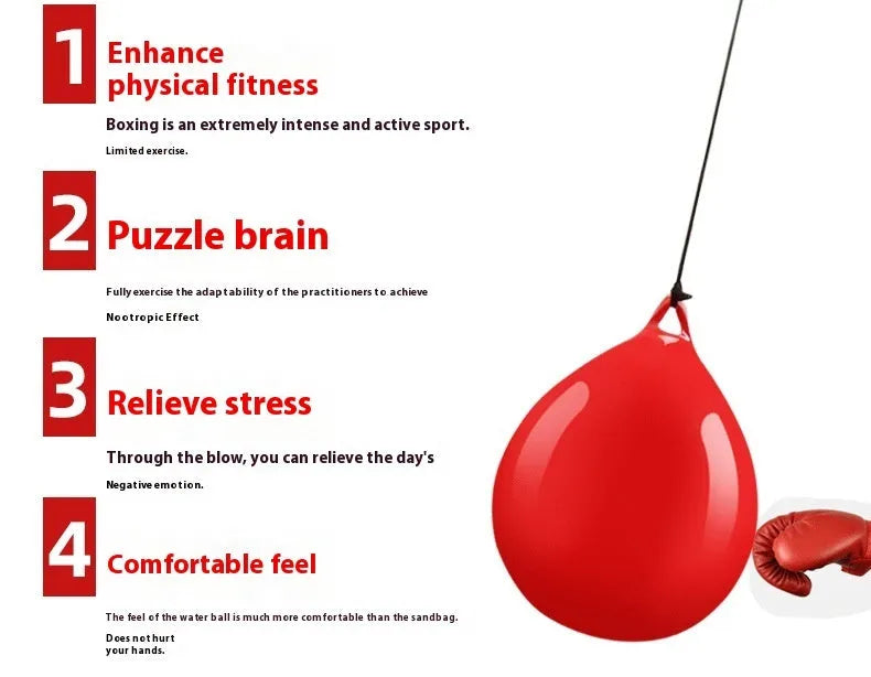 Red water-filled boxing reaction ball with hook rope attachment for martial arts training