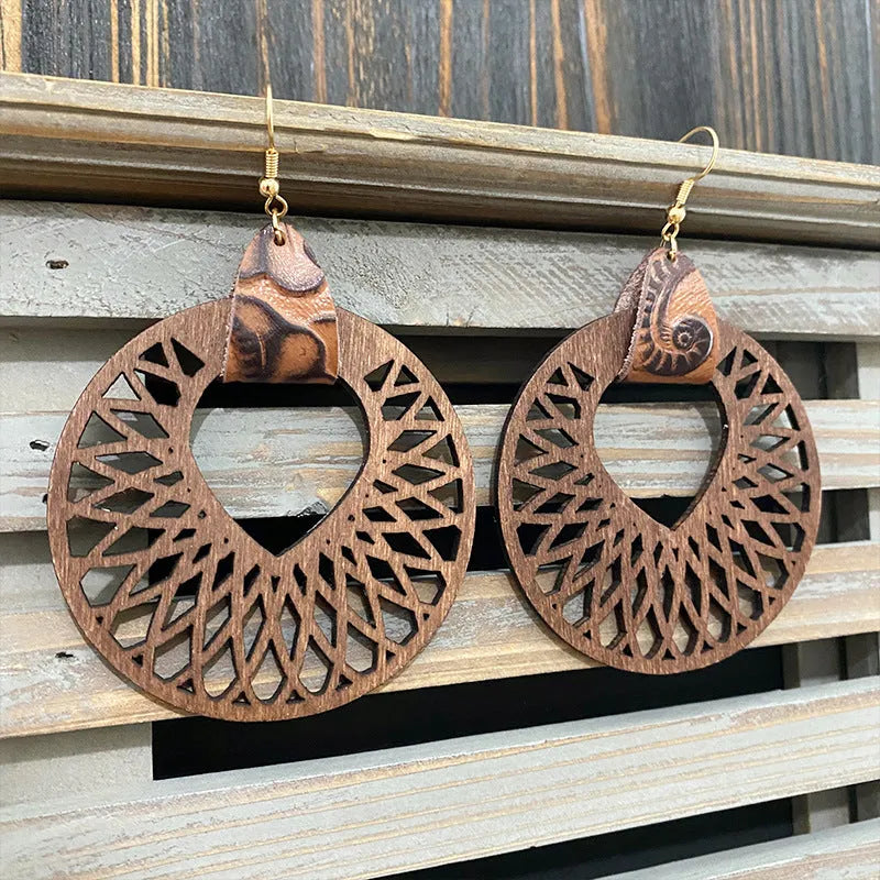Retro wooden hollow mandala drop earrings with geometric round detailing, unisex, six styles, one pair