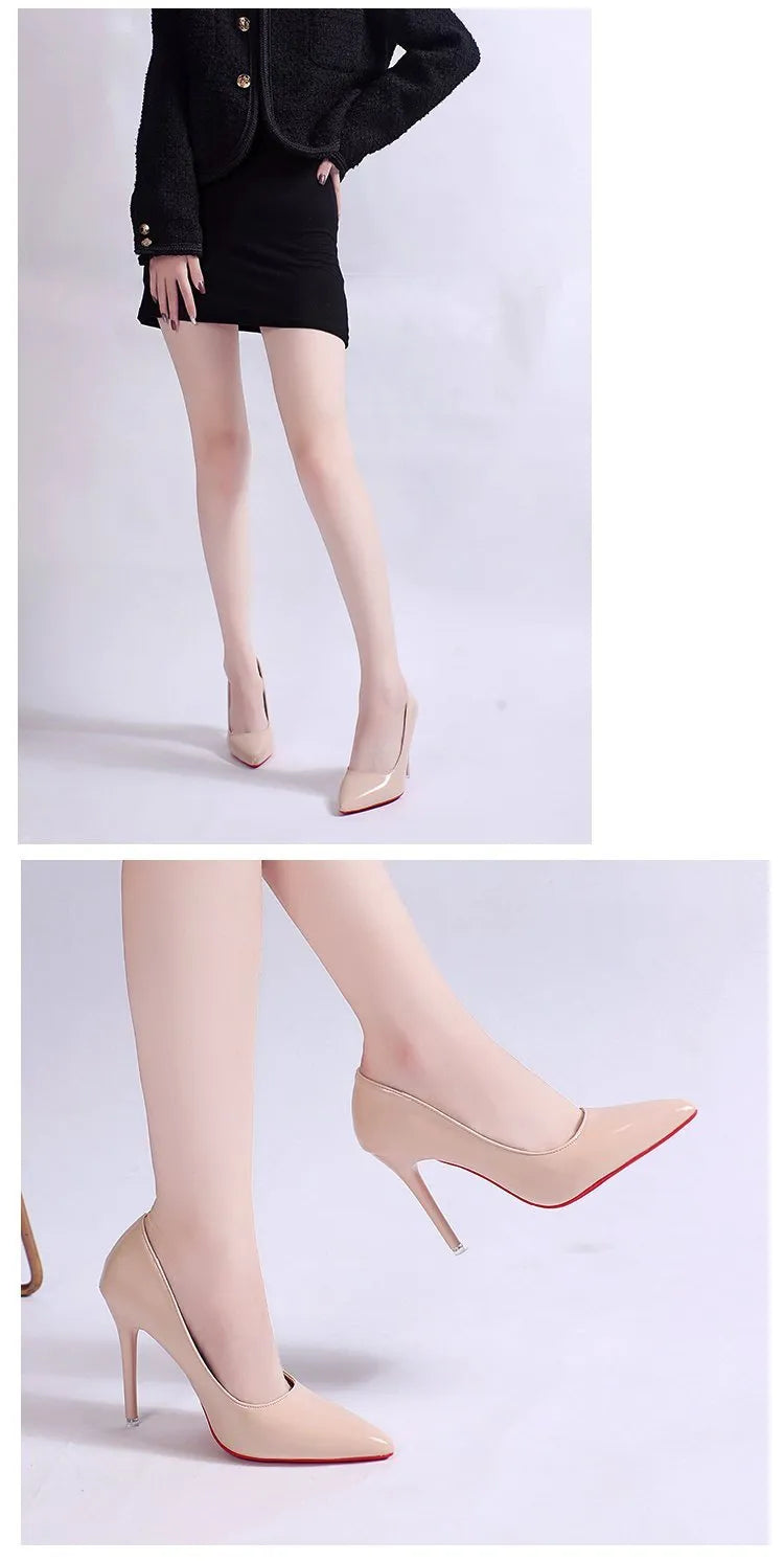 Women's black stiletto pumps with pointed toe and shallow mouth design on white background