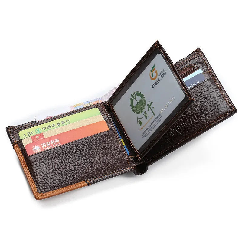 Men's brown leather wallet with white contrast stitching, open to show card slots, zipper coin pocket, and bill compartment.