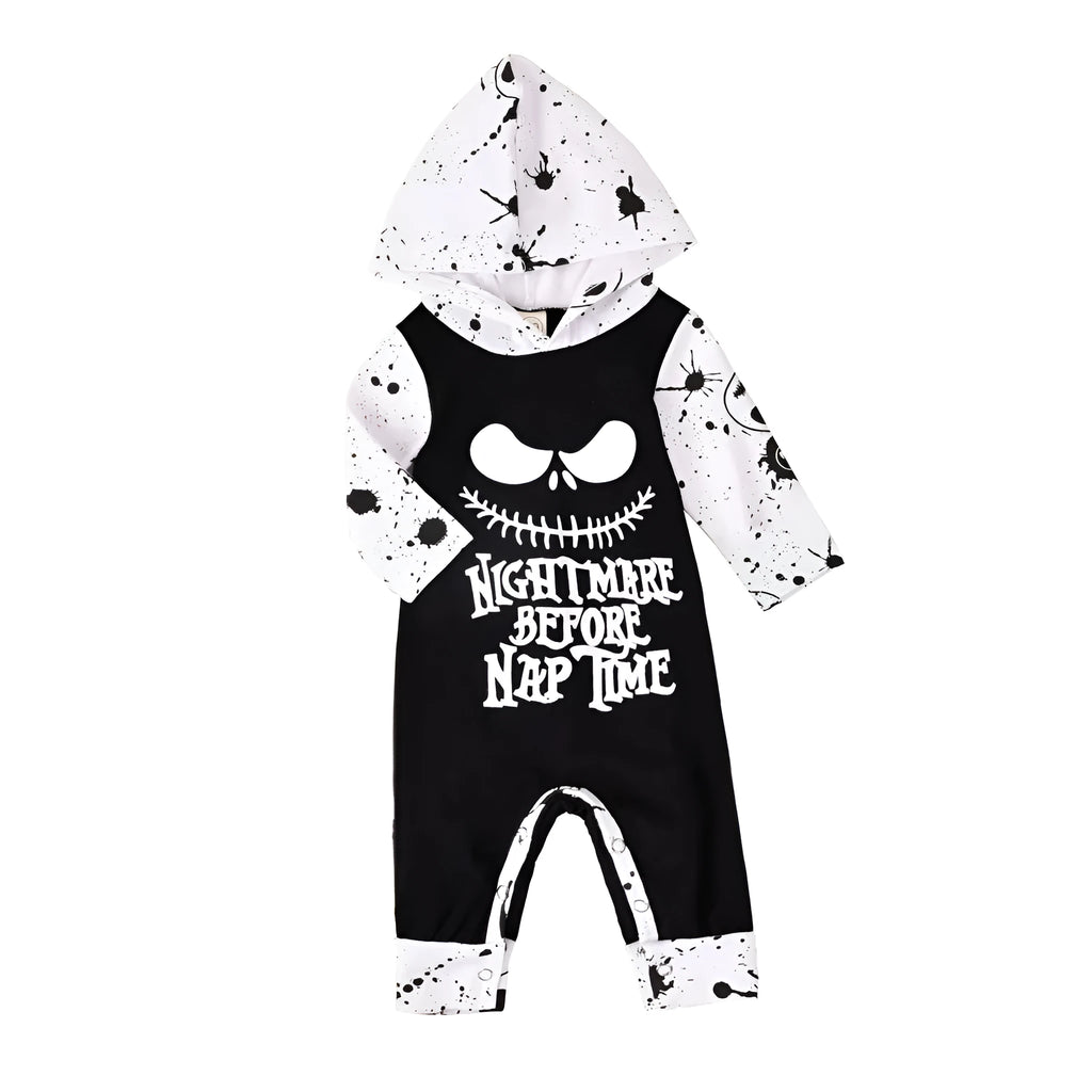 Black and brown cotton Halloween romper for children with long sleeves and a hood, shown in sizes 70cm to 100cm.