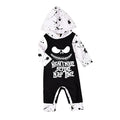 Black and brown cotton Halloween romper for children with long sleeves and a hood, shown in sizes 70cm to 100cm.