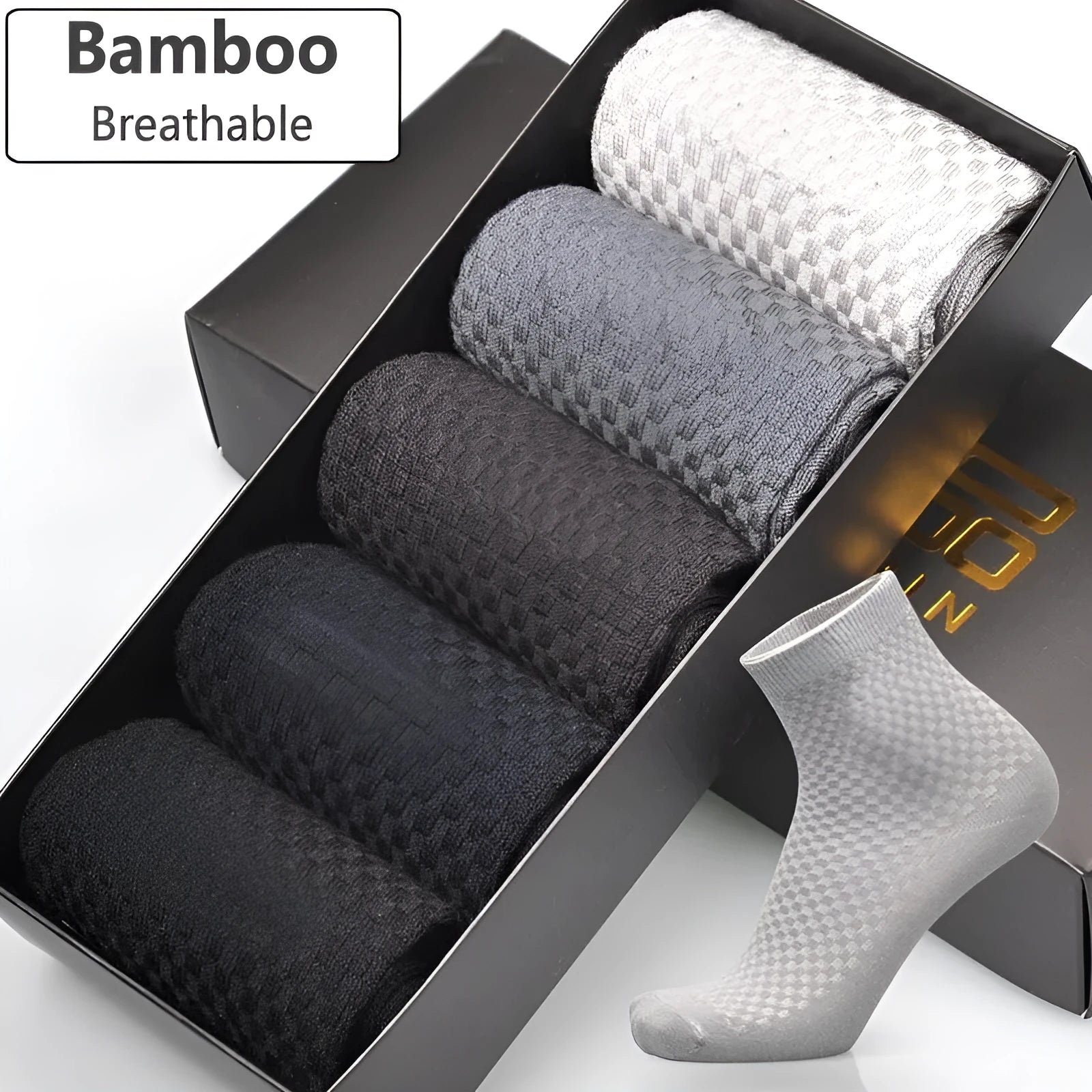 Men's bamboo fibre crew sock with small square pattern in black, navy, grey, and grey-blue colours.