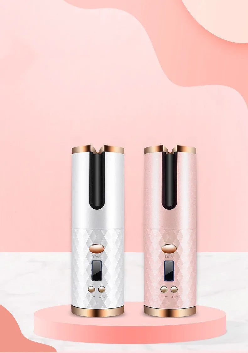 Rechargeable automatic hair curler with LCD display and ceramic rotating barrel in choice of colours