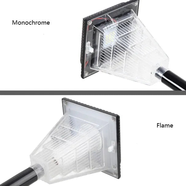 Solar garden light with LED bulbs in decorative outdoor setting showing colour options
