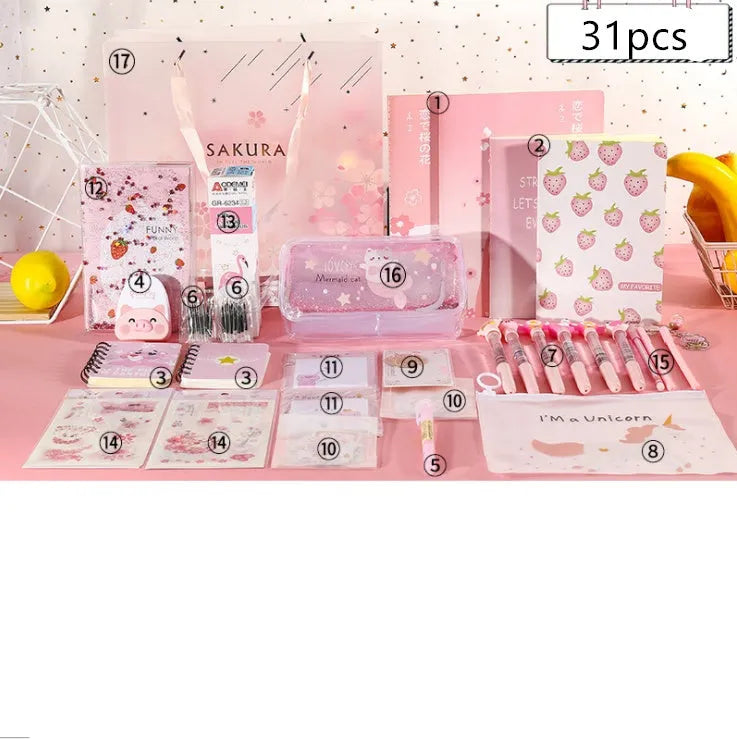 Stationery gift set with B5 and A5 notebooks, pens, ruler, correction bands, and oil pen bag.