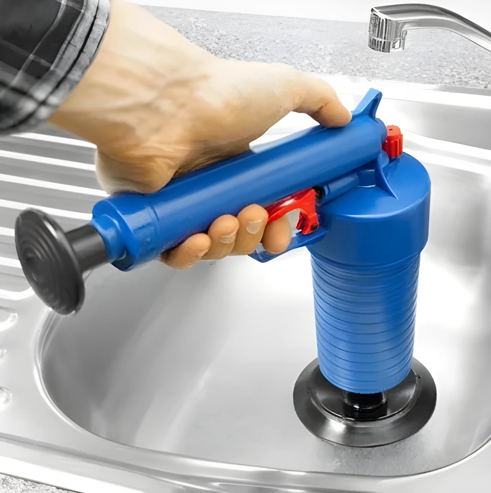 Plastic drain blaster gun with four suction adaptors for clearing hair and vegetable blockages