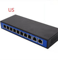 8+2 port 100M POE switch with eight IEEE 802.3af/at PoE ports, two uplink Ethernet ports, and 48V 3A external power adapter.