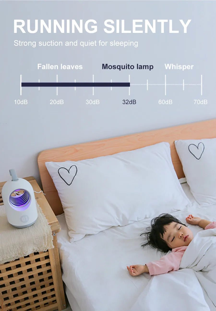 White or blue indoor mosquito killer lamp with UV light, fan, and silicone carry handle.