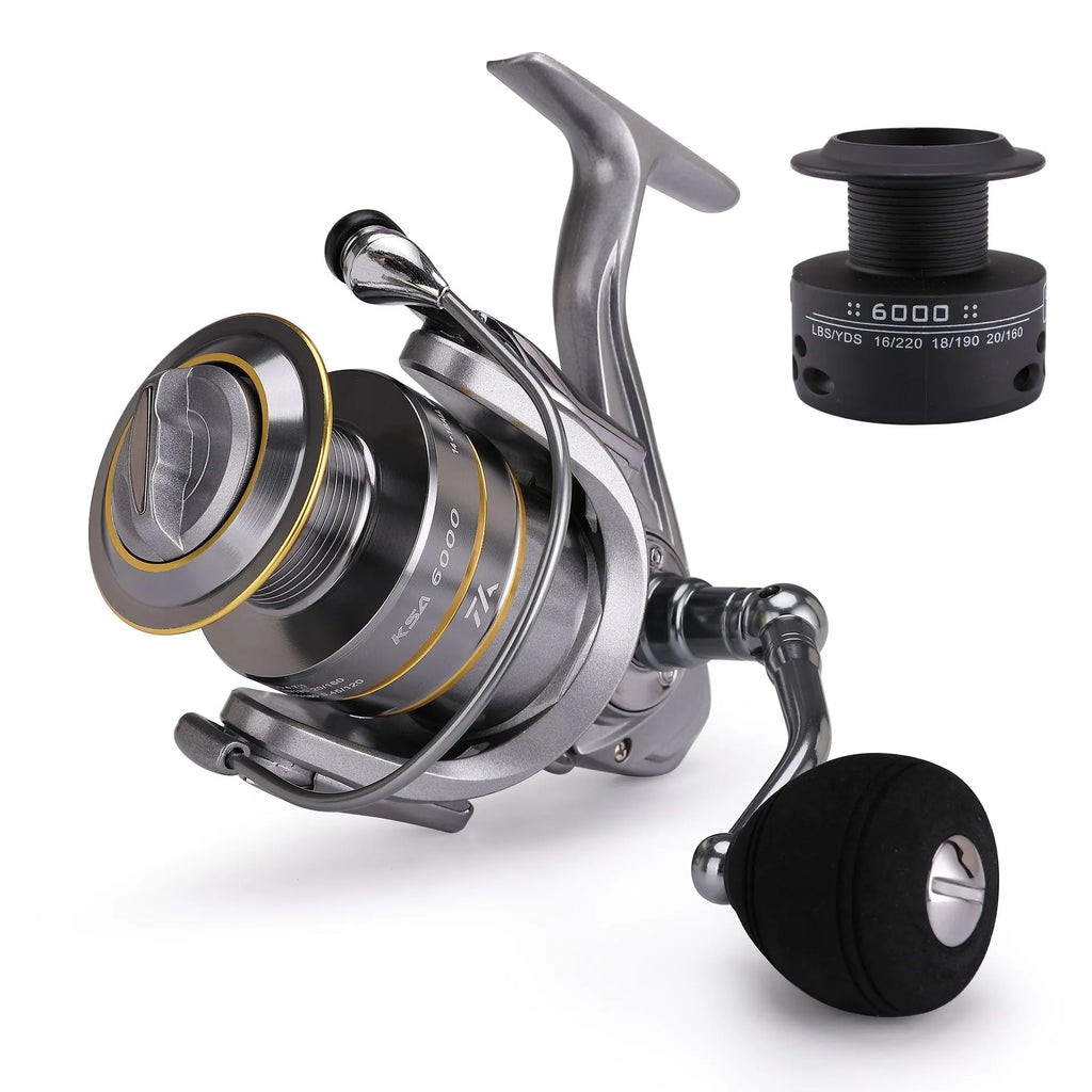 Silver sub fishing line wheel with all-metal rocker arm and metal wire cup on white background