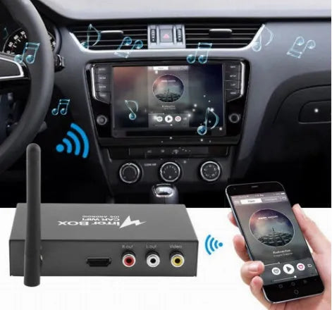 Black car Wi-Fi mirror box with AV converter, power cable, antenna and connection cables for smartphone integration