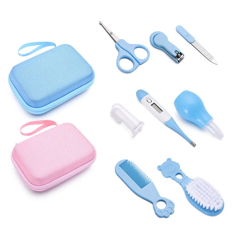 Eight-piece baby care set with nail clippers, thermometer, comb, head brush, nasal aspirator and baby toothbrush in pink, blue or yellow.