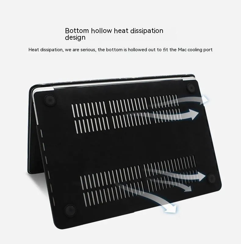 Black MacBook protective case with crocodile texture and visible Apple logo through a cutout.