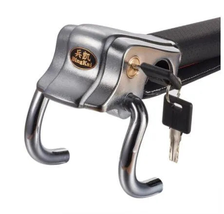 Black and silver car steering wheel lock with alloy body, copper cylinder, two keys, and three-way locking design.