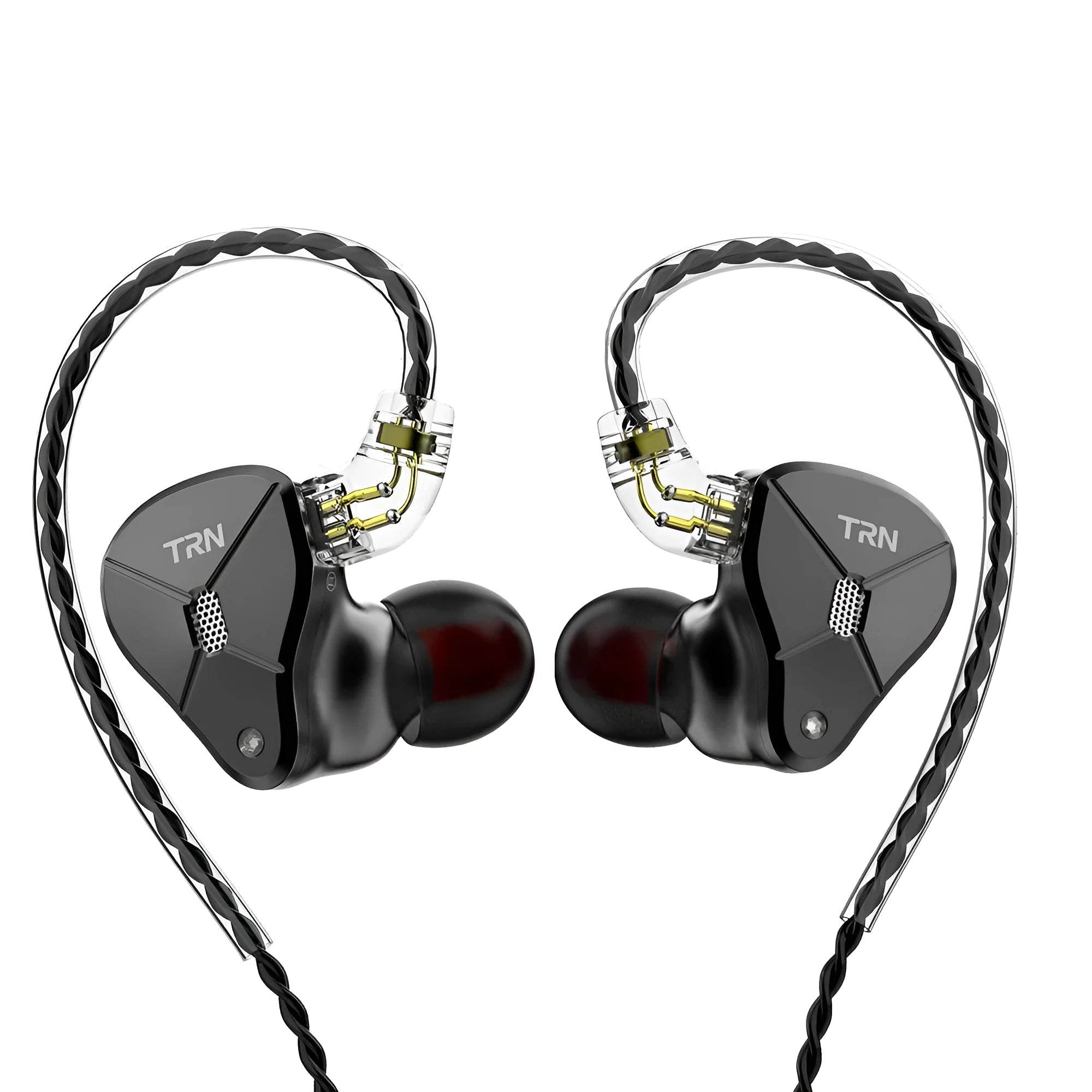Black wired in-ear headphones with a 3.5mm straight plug and silicone ear tips.