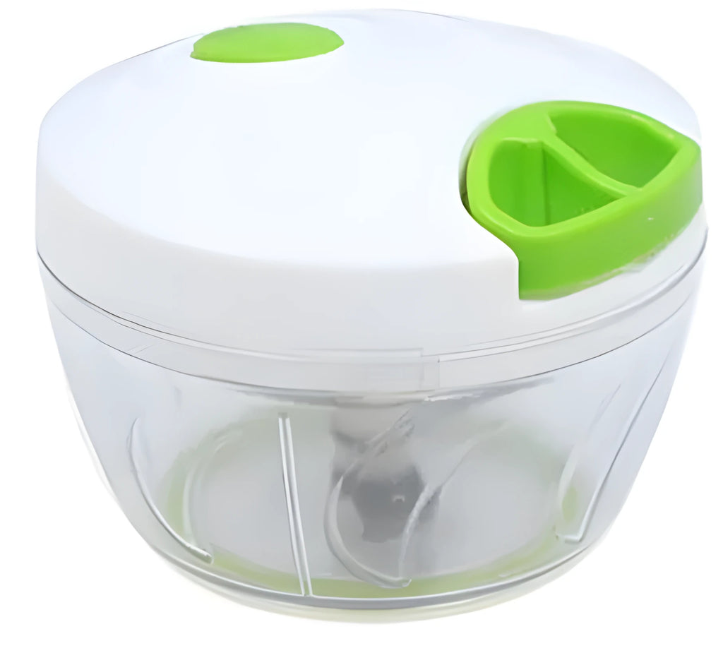 Green manual kitchen chopper with three stainless steel blades and 500ml container for vegetables and meats