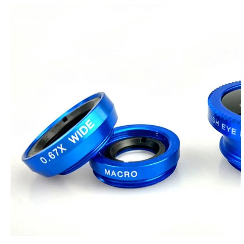 3 in 1 universal smartphone lens kit with fisheye, wide angle, and macro lenses in aluminium alloy