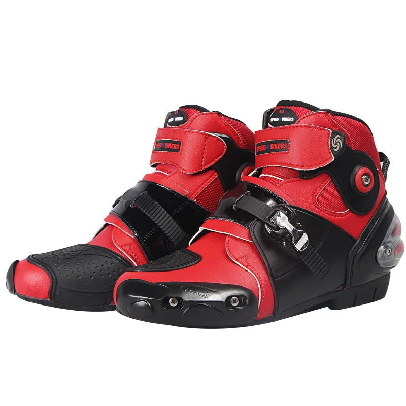 Road motorcycle riding shoes ankle boots with anti-twist design, yellow sticking block, and adjustable buckle, sizes 38-45.