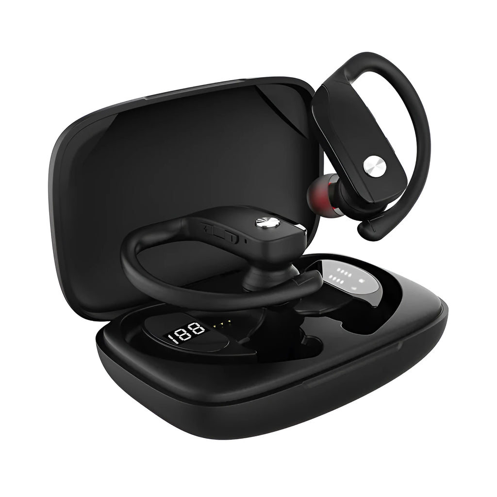 Black wireless Bluetooth headset with hanging ear design and LED display showing battery status