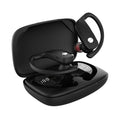 Black wireless Bluetooth headset with hanging ear design and LED display showing battery status