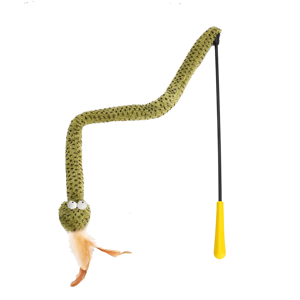 Green snake cat teasing stick toy with feather attachments on 140 cm pole