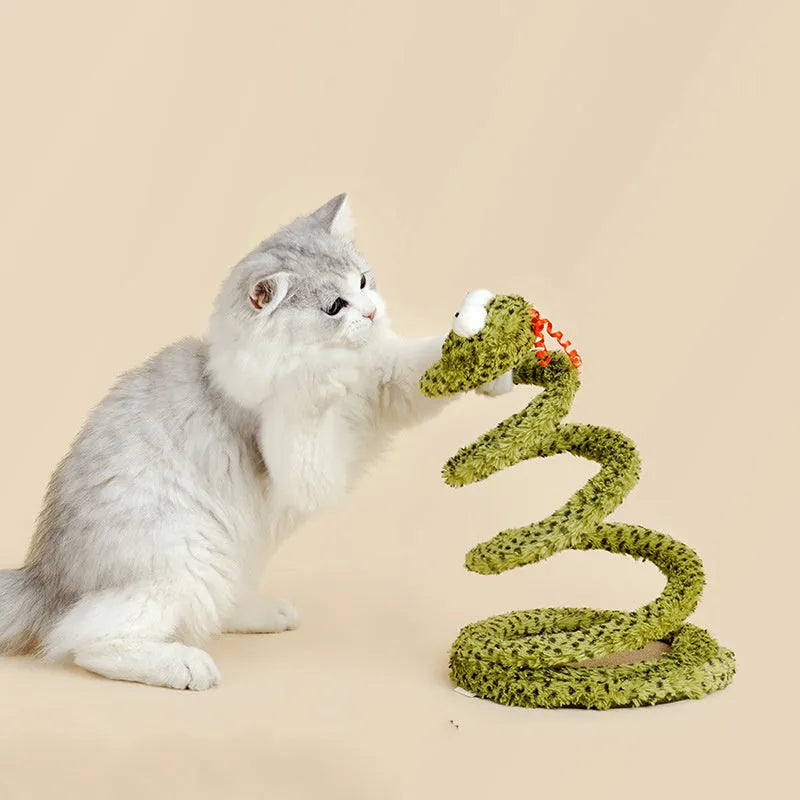 Green snake cat teasing stick toy with feather attachments on 140 cm pole