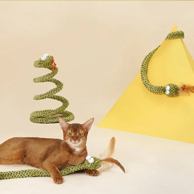 Green snake cat teasing stick toy with feather attachments on 140 cm pole