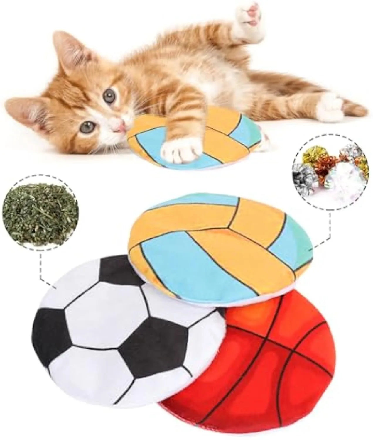 Blue basketball pattern plush cat toy disc with catnip and crinkle sound inside.
