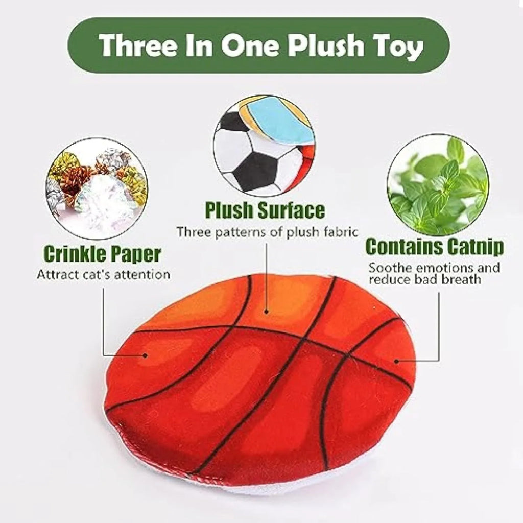 Blue basketball pattern plush cat toy disc with catnip and crinkle sound inside.